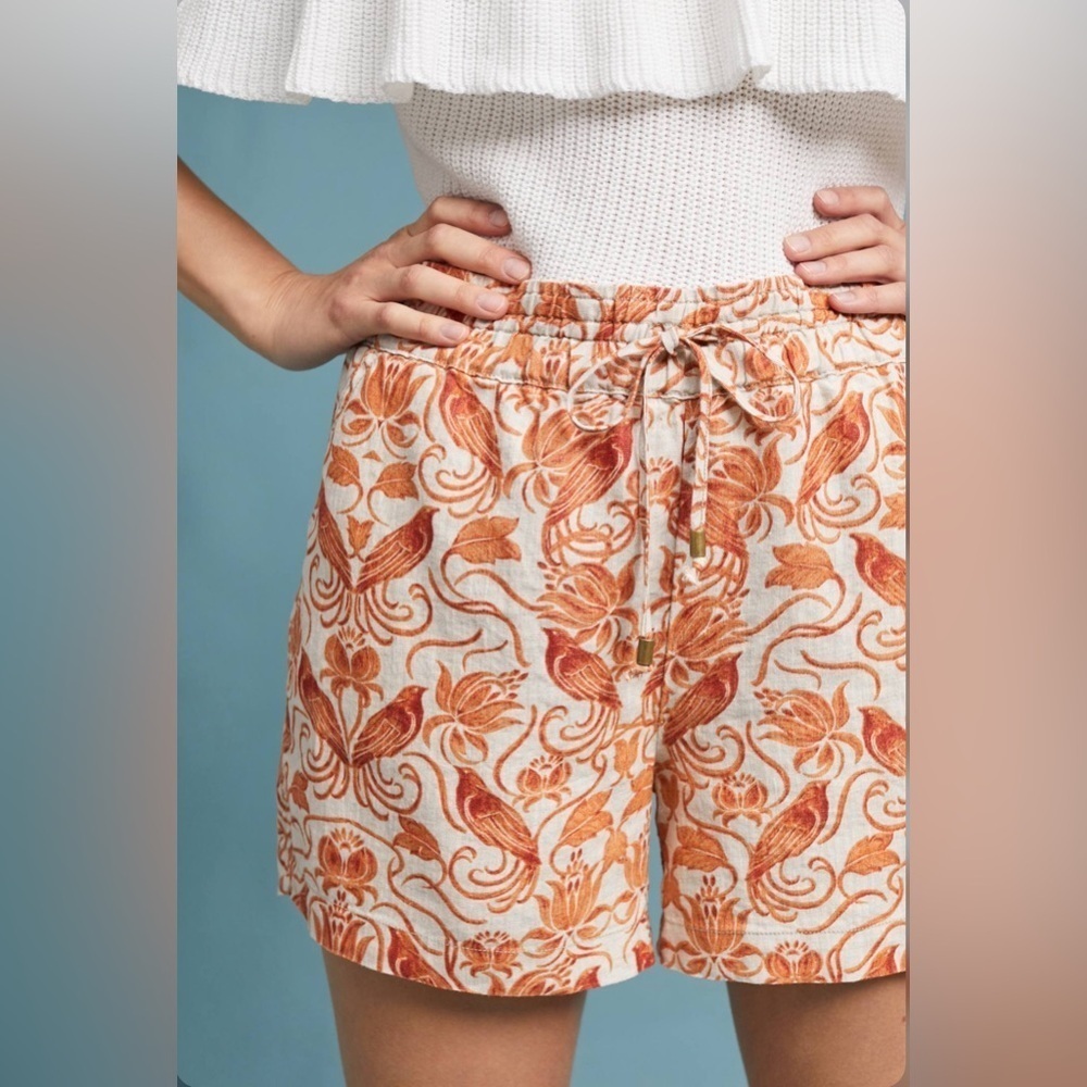 ANTHROPOLOGIE LINEN Sm Capsule Minimal Resort Coastal Preppy Shorts Bird Floral